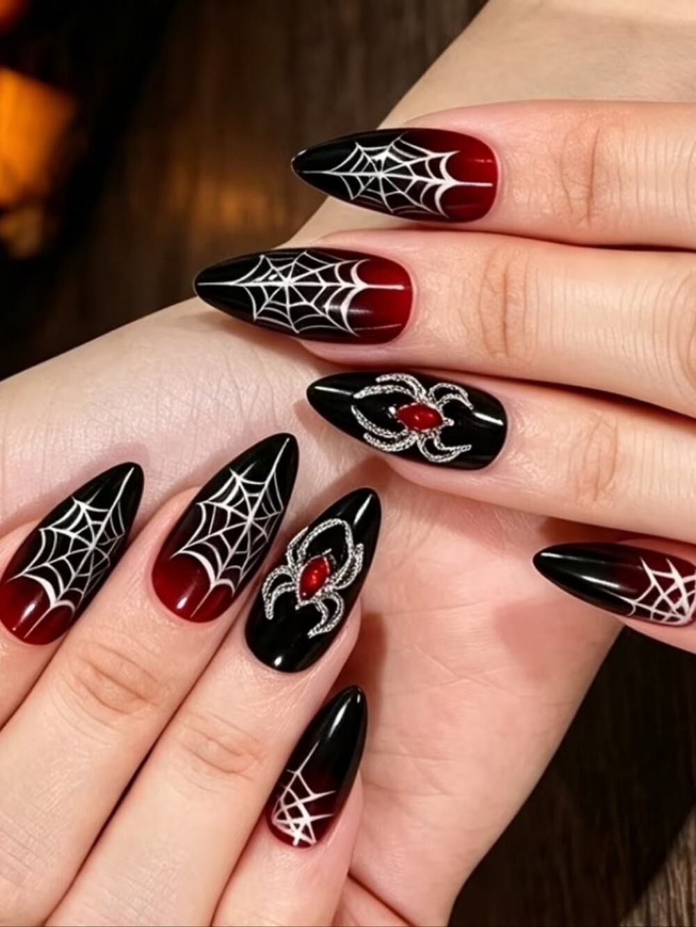 Spider Web Gothic Red & Black Stiletto Press-On Nails